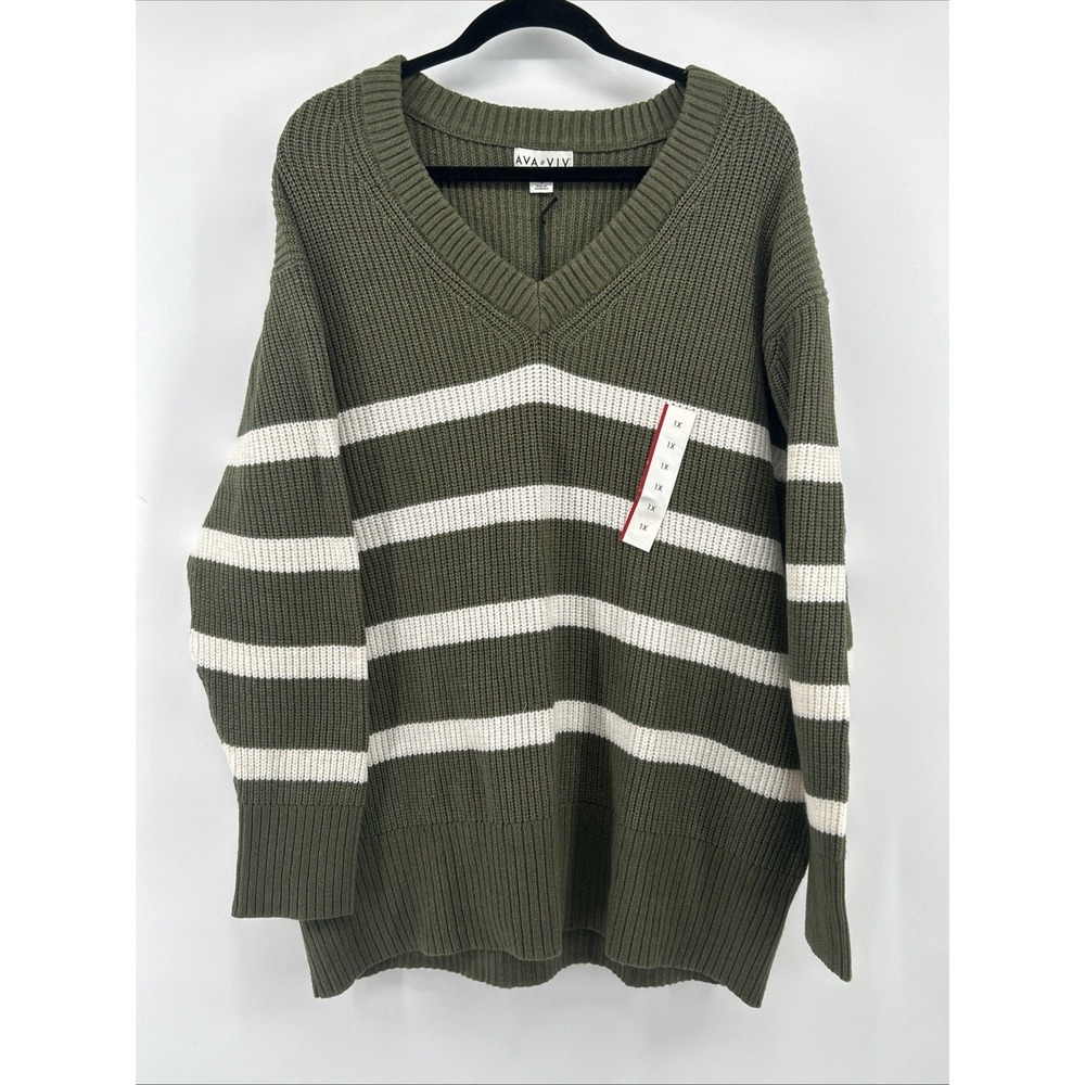 Ava & Viv 1X Olive Green & White Shaker Stitch Granola Girl Autumn Chic Sweater